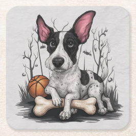 Posavasos Cuadrado De Papel Quirky Halloween Pup: Perro visto con baloncesto
