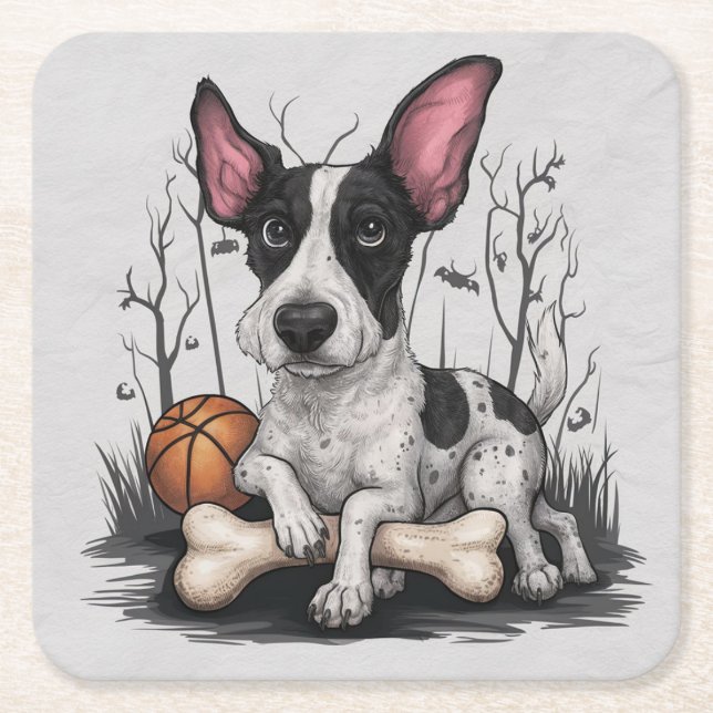 Posavasos Cuadrado De Papel Quirky Halloween Pup: Perro visto con baloncesto (Anverso)