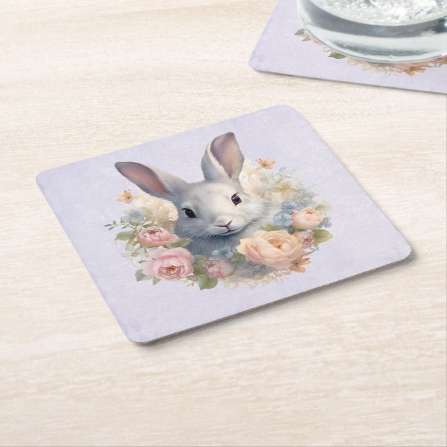 Posavasos Cuadrado De Papel Rabbit Surrounded by Pastel Flowers Cute (En perspectiva)