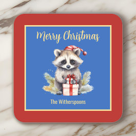 Posavasos Cuadrado De Papel Raccoon lindo con Santa Hat Feliz Navidad