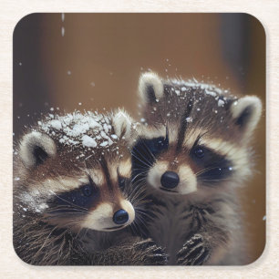 Posavasos Cuadrado De Papel Raccoons de bebé se apiñan en la nieve en caída
