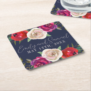 Posavasos Cuadrado De Papel Radiant Floral Naval Azul Borgoña Rojo