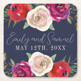 Posavasos Cuadrado De Papel Radiant Floral Naval Azul Borgoña Rojo