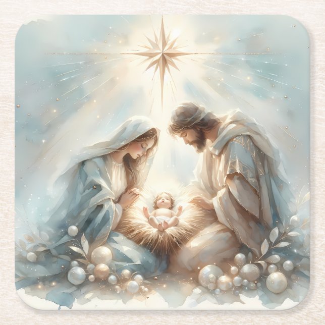 Posavasos Cuadrado De Papel Radiant Holy Family Nativity Scene (Anverso)