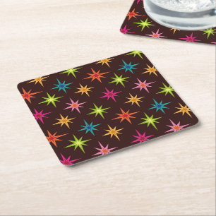 Posavasos Cuadrado De Papel Ráfagas de estrellas atómicas funky y coloridas de