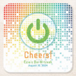 Posavasos Cuadrado De Papel Rainbow Pixels Video Game Gamer Bar Mitzvah<br><div class="desc">Jugador de píxeles de lluvia de color arcoiris o videojuego Bar Mitzvah galas de papel personalizadas. Este diseño de videojuegos no tradicional inspirado en los jugadores incluye un botón de encendido de una consola de videojuegos. También hay un arcoíris de colores brillantes o píxeles informáticos de estilo digital en cascada...</div>