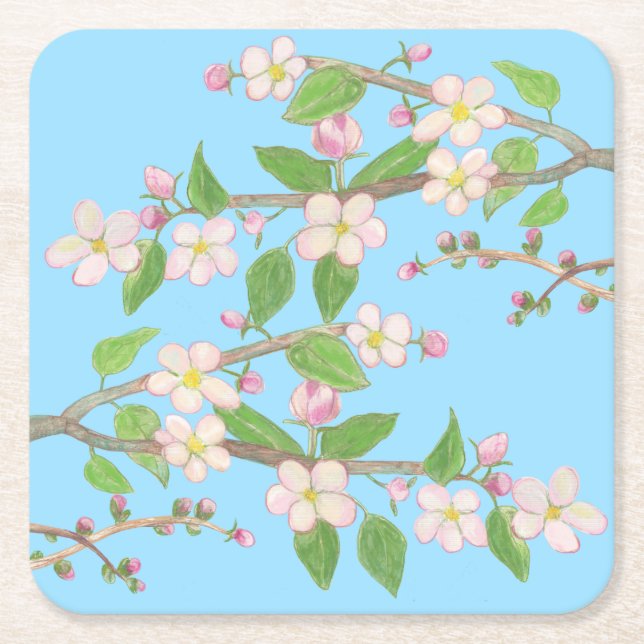Posavasos Cuadrado De Papel Rama de Manzano en Flor Cielo Azul (Anverso)