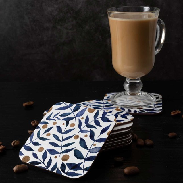 Posavasos Cuadrado De Papel Ramas acuáticas y bayas - índigo y beige (Subido por el creador)