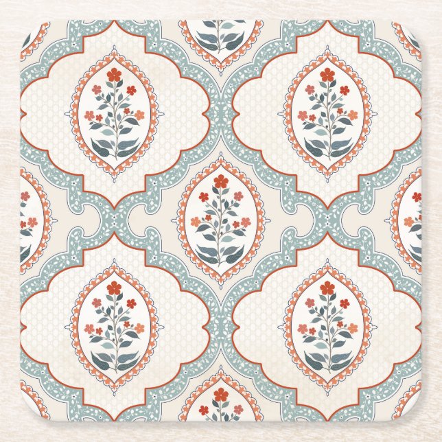 Posavasos Cuadrado De Papel Ramas de flores antiguas, textiles indios. (Anverso)