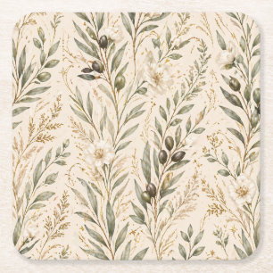 Posavasos Cuadrado De Papel Ramas de olivo botánicas vintage y florales marfil