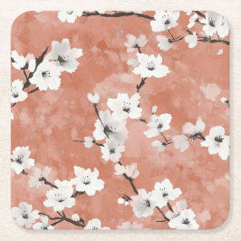 Posavasos Cuadrado De Papel Ramas de Sakura delicadas rosadas y blancas sobre 