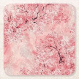 Posavasos Cuadrado De Papel Ramas de Sakura rosadas y blancas sobre azul marin
