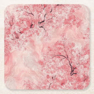 Posavasos Cuadrado De Papel Ramas de Sakura rosadas y blancas sobre azul marin