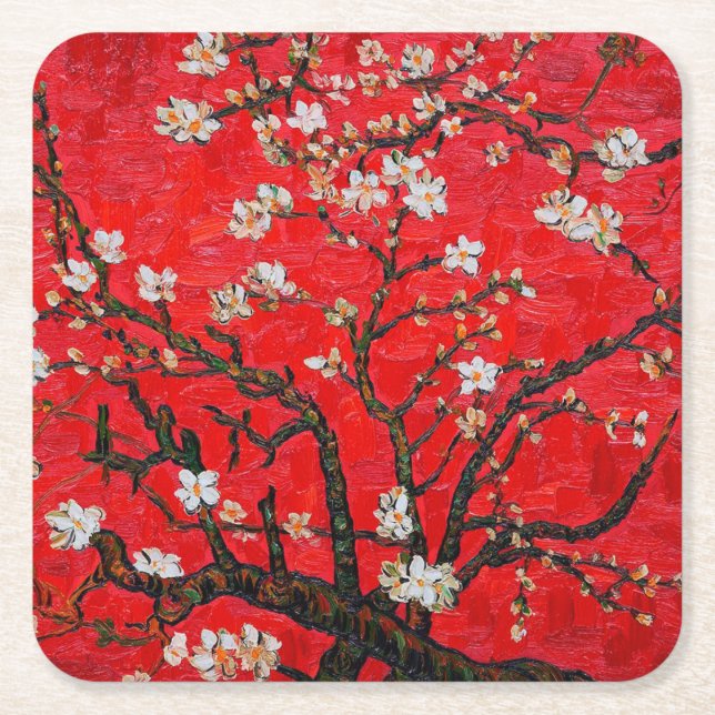 Posavasos Cuadrado De Papel Ramas del árbol de almendros en Blossom, Van Gogh (Anverso)