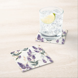 Posavasos Cuadrado De Papel Ramilletes de lavanda Botánico acuarela Floral púr