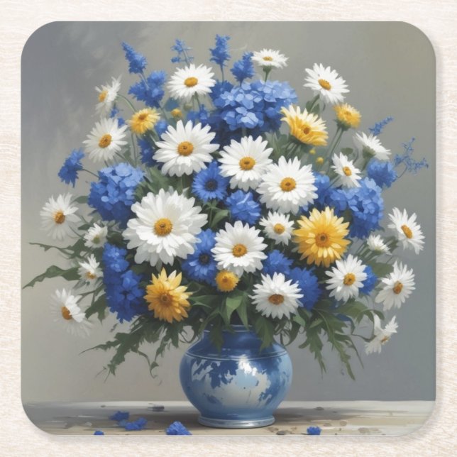 Posavasos Cuadrado De Papel Ramo de Flores Acuarela Elegante (Anverso)