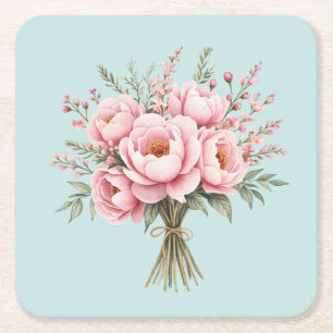 Posavasos Cuadrado De Papel Ramo de flores de peonía rosa bonita