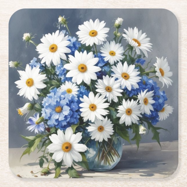 Posavasos Cuadrado De Papel Ramo de flores Elegantes Margaritas Acuarela (Anverso)