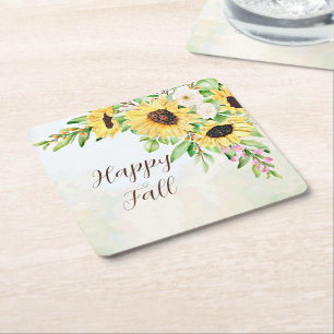 Posavasos Cuadrado De Papel Ramo de girasoles con texto personalizable