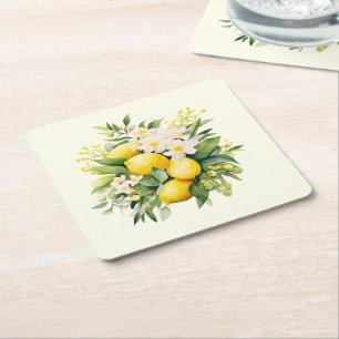 Posavasos Cuadrado De Papel Ramo de limones con flores blancas