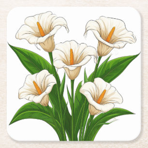 Posavasos Cuadrado De Papel Ramo de Lirios de Calla Blancos con Hojas Verdes