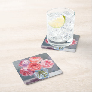 Posavasos Cuadrado De Papel Ramo de peonía rosa pintado con acuarela floral