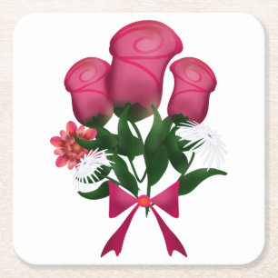 Posavasos Cuadrado De Papel Ramo de rosas rosadas con cinta floral