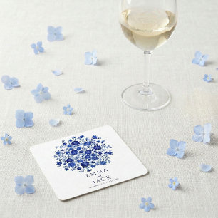 Posavasos Cuadrado De Papel Ramo floral azul agradecimiento boda