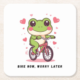 Posavasos Cuadrado De Papel Rana Adorable Montando Bicicleta   Regalo Divertid