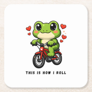 Posavasos Cuadrado De Papel Rana Ciclista Adorable   Arte de Rana Kawaii en Bi