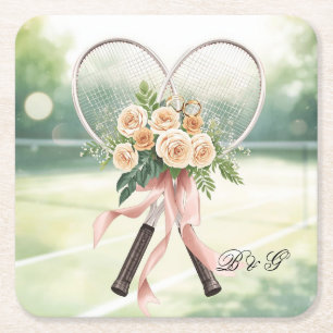 Posavasos Cuadrado De Papel Raqueta de boda de tenis con flores Novia y Novio