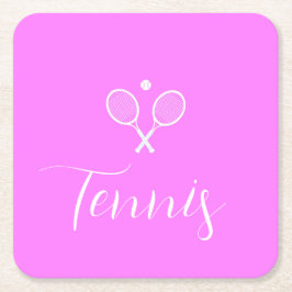 Posavasos Cuadrado De Papel Raquetas de tenis y pelota rosa intenso 