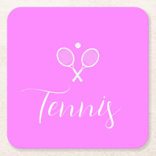 Posavasos Cuadrado De Papel Raquetas de tenis y pelota rosa intenso