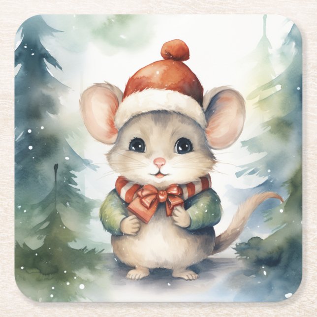 Posavasos Cuadrado De Papel Ratón de Navidad (Anverso)