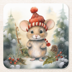 Posavasos Cuadrado De Papel Ratón de Navidad