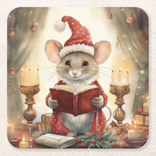 Posavasos Cuadrado De Papel Ratón de Navidad leyendo