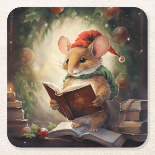 Posavasos Cuadrado De Papel Ratón de Navidad leyendo