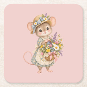 Posavasos Cuadrado De Papel Ratón encantador del bosque – Ilustración de jardí