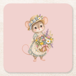 Posavasos Cuadrado De Papel Ratón encantador del bosque – Ilustración de jardí