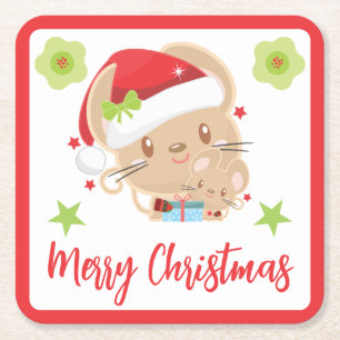 Posavasos Cuadrado De Papel Ratones Navideños Lindos Rojo y Verde Acuarela