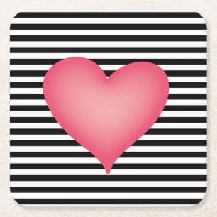 Posavasos Cuadrado De Papel Raya blanco y negro con el corazón rosado grande