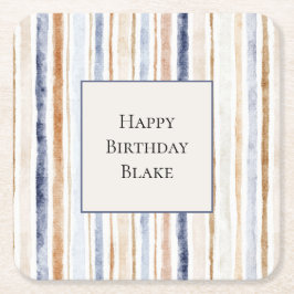 Posavasos Cuadrado De Papel Rayas Cumpleaños Crema Azul