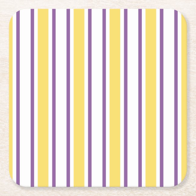 Posavasos Cuadrado De Papel Rayas de caramelo amarillas, violetas y blancas (Anverso)