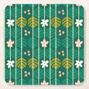 Posavasos Cuadrado De Papel Rayas de verano catastro retro verde oscuro floral