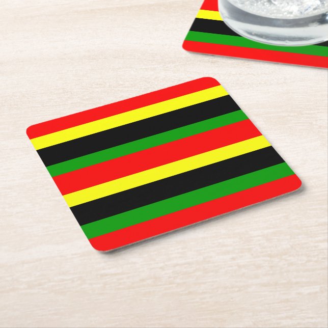 Posavasos Cuadrado De Papel Rayas rojas, amarillas, negras y verdes (En perspectiva)