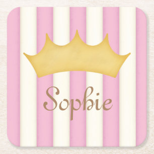 Posavasos Cuadrado De Papel Rayas Rosadas Corona De Princesa Nombre Personaliz