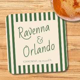 Posavasos Cuadrado De Papel Rayas Verdes Botella Retro Minimalista Boda