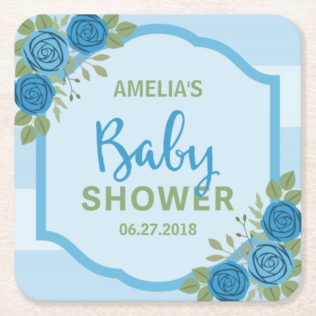 Posavasos Cuadrado De Papel Rayas y Rosas Blue Boy Baby Shower (Anverso)
