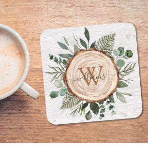 Posavasos Cuadrado De Papel Rebanada de madera rústica con acuarela de monogra