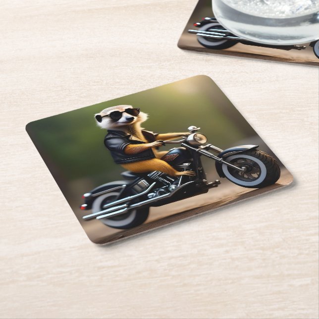 Posavasos Cuadrado De Papel Rebel Meerkat: Pañuelos, gafas de sol y moto (En perspectiva)
